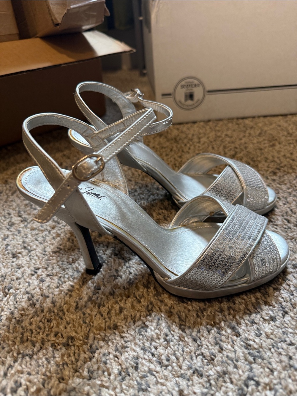 Jacqueline Ferrar Silver Sequin Crisscross Ankle-Strap Heels